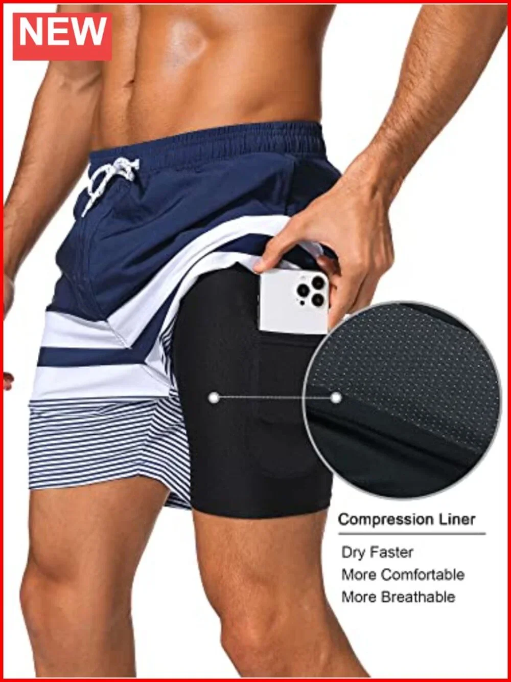 Mens Swim Trunks with Compression Liner 2 in 1 Quick Dry Bathing Suit with